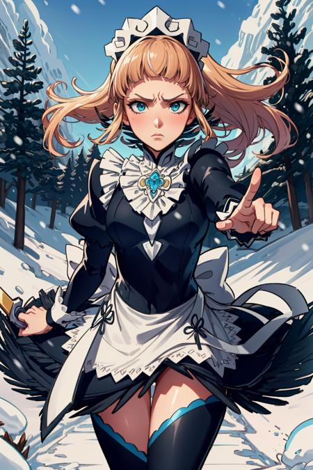 masterpiece, best quality, fefelicia, blue gem, maid headdress, maid outfit, white apron, black thighhighs, brandishing knife, furrowed brow, serious expression, action pose, snow, alpine forest <lora:feliciaflora-nvwls-v1-000010:0.9>