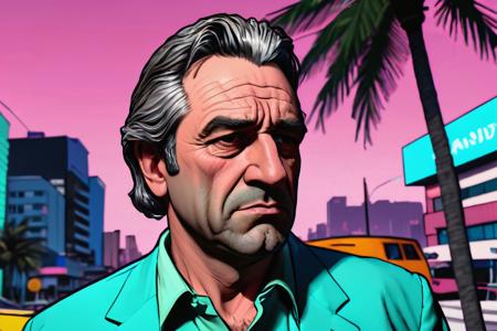 robert de niro, frowning, as a character in GTAV, vice city, neon, pastel, miami vice, flat colors, dutch angle, tilted angle, rockstar games, gta vice city, grand theft auto style, exaggerated, pop art style, vibrant colors, full body view
  <lora:add-detail-xl:1> <lora:aesthetic:1>  <lora:detailed_notrigger:1> <lora:Line Art Style SDXL_LoRA_20r_20e_8i_nr32_a16_Pony Diffusion V6 XL:1>