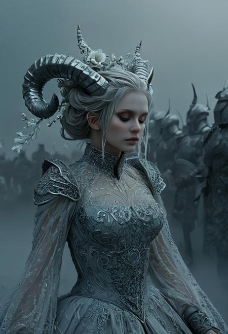 This is a highly detailed CGI illustration in a fantasy art style, depicting a dramatic, ethereal scene. The central figure is a woman with a striking, almost otherworldly appearance. She has an elongated face with a serene, contemplative expression, and her skin has a pale, almost ethereal quality, giving her a ghostly appearance. Her head is adorned with intricate, spiraling horns that resemble those of a mythical creature, tapering to sharp points. Her hair is styled in a high, intricate updo adorned with delicate, flower-like patterns, blending seamlessly with the horns.
The woman's attire is equally fantastical, featuring a flowing, ornate gown made of a fabric that resembles ice or frost, covered in intricate, lace-like patterns that shimmer subtly. She wears a high collar adorned with more intricate, flower-like details.
The background is a misty, dimly lit scene filled with a multitude of armored figures, suggesting a battlefield or a post-battle scene. The figures are indistinct, their helmets and armor blending into the misty, foggy background, creating a sense of chaos and desolation.