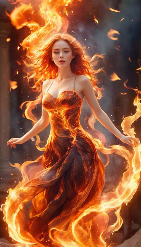 (Masterpiece, high quality, best quality, official art, beauty and aesthetics:1.2),(fire element:1.1),composed of fire elements,(1girl:1.2),<lora:xl-shanbailing-1003fire-000010:0.7>,burning,transparency,fire,(molten rock),flame skin,flame print,fiery hair,smoke,cloud,cleavage,big breasts,a girl wrapped in flames soaring flames radiating sparks,the burning hand,