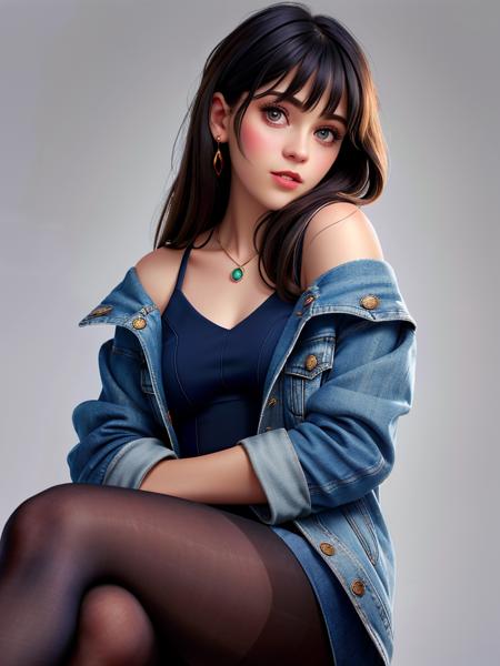 Realistic photo of a beautiful z003yd-v1 woman, 1girl, solo, long hair, looking at viewer, bangs, simple background, brown hair, dress, jewelry, sitting, jacket, pantyhose, parted lips, sleeveless, grey background, off shoulder, black dress, lips, ring, crossed legs, fishnets, realistic, fishnet pantyhose, denim jacket, soft lighting, professional Photography, Photorealistic, detailed, RAW, analog, sharp focus, 8k, HD, high quality, masterpiece<lora:z003yd-v1:1.0>