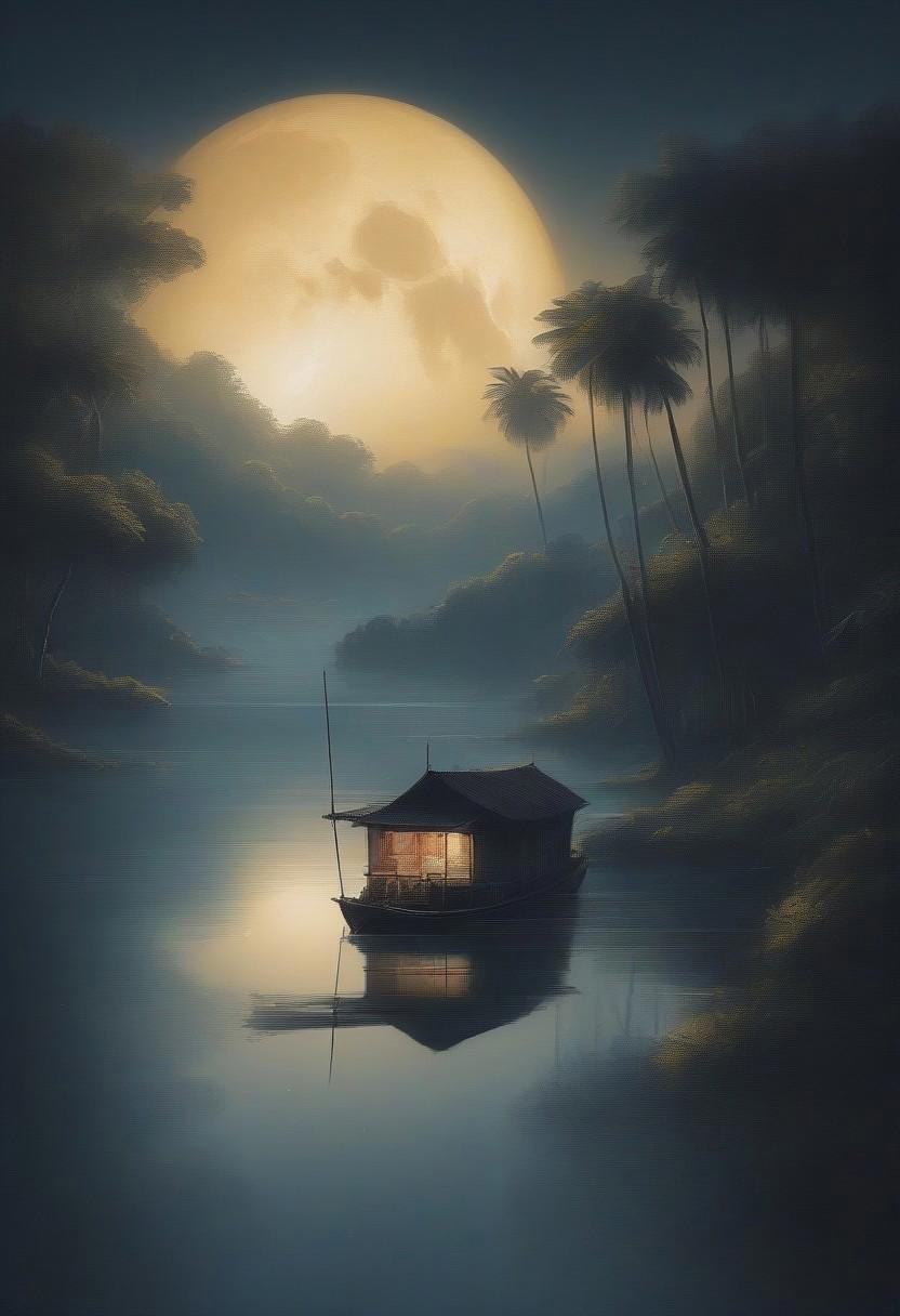 Paradise of Kerala River side by night, full illuminating moon, reflection, a houseboat, shadow Palms, masterpiece, best quality, double exposure, realistic, whimsical, fantastic, splash art, intricate detailed, hyperdetailed, maximalist style, photorealistic, concept art, sharp focus, harmony, serenity, tranquility,
mysterious glow, 
ambient occlusion, halation, cozy ambient lighting, dynamic lighting,masterpiece, liiv1, linquivera, metix, mentixis, masterpiece, award winning,