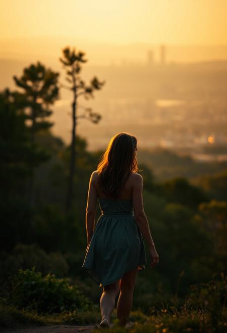 lone roguish female figure, walking away, glancing over shoulder, distant cityscape, transitioning from forest to urban environment, golden light of early morning or late afternoon, cinematic, journey progression, emotional warmth, subtle glance, candid, moment of doubt or hesitation, reflection on the journey, (forest in the background:1.2), city on the horizon, inviting introspection, natural light, dramatic lighting, depth of field, (captured naturally:1.2), (detailed background:1.3), (photorealism:1.4), 8k UHD, (blurry:-1.3), (lowres:-1.5), (ugly:-1.2), (mutated:-1.4), (worst quality:-1.4), (bad anatomy:-1.3), (cartoon:-1.1), (sketch:-1.1), (distorted proportions:-1.3), (extra limbs:-1.5), (cgi:-1.4), (extra characters:-1.5), (savanna:-1.4)