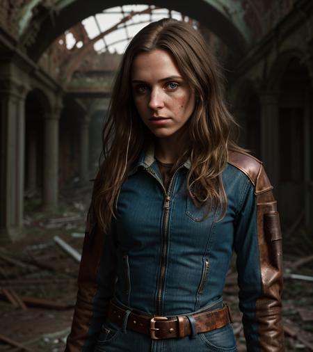 <lora:d0mpc_03SD-000008:0.9>, a (medium shot) photograph of (beautiful 23 year old) (d0mpc woman:1.2) as a zombie hunter, holding a bronze chainsaw, standing in apocalyptic urban ruins, wearing filthy leather jacket and blue jeans,rusted belt buckle,in the ruins of a dystopian village ravaged by war,sweaty face,with long rifle on back pack,long brown hair, cinematic photograph, photorealism, realistic lighting,(bokeh),realistic shadows,masterpiece,Award-winning, 8K wallpaper,Hyperrealistic, intricate detailed, subsurface scattering, rule of thirds, detailed pupils, 35mm photograph, detailed skin texture, subsurface scattering