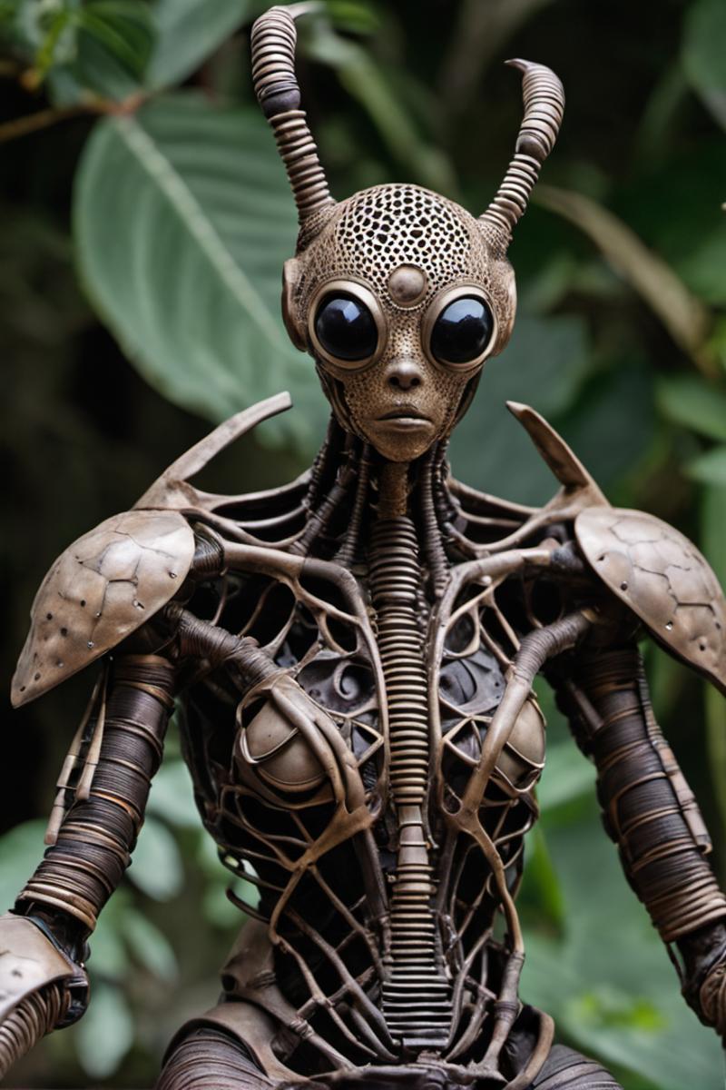 An alien figurine with multiple arms and legs stands in front of plants.