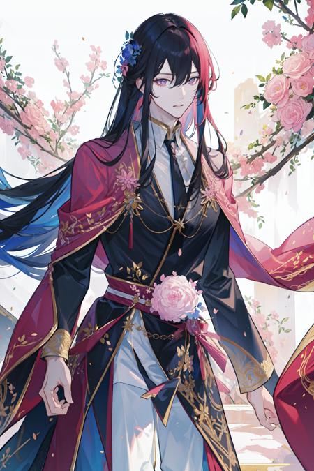 masterpiece, best quality, 1 male, adult, handsome, tall muscular guy, broad shoulders, finely detailed eyes and detailed face, extremely detailed CG unity 8k wallpaper, intricate details, very long hair, pink hair, wavy hair, flowers, diamond, jewelry, garden, forest, portrait, depth of field