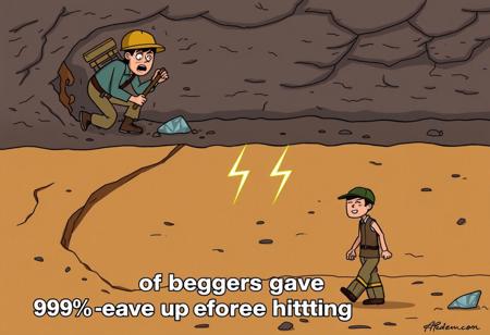 A split image of two miners digging underground, one above the other, with one miner on top frantically digging towards a wall, and the other at the bottom looking disappointed, walking away. In the place of diamonds, there are buzz lightning bolts just ahead of them, behind a thin dirt wall set in a cartoony style. text caption:"99% of beggars give up before hitting it big"