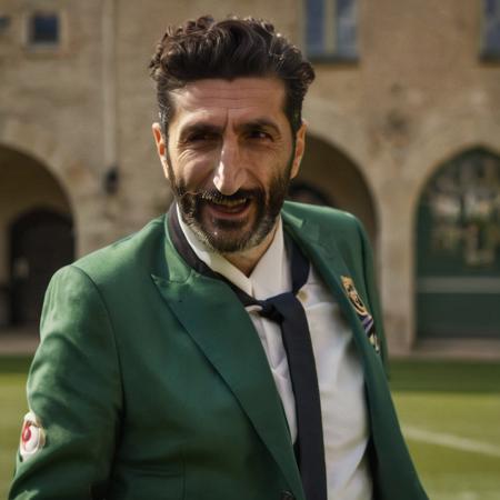 front view medium body shot (Fares Fares:1.3) age 50 wearing a soccer uniform,  stylish quiff hair, suit, mustache only beard, laughing, natural lighting, sunlight, 4k uhd, dslr, soft light, high quality, Fujifilm XT3  <lora:Fares_Fares_v1b-000006:0.8>