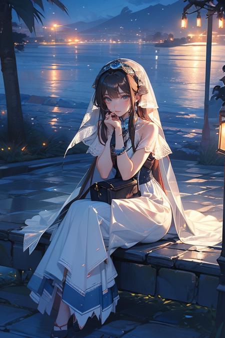 a woman in a white dress sitting on a bench next to the water at night with a veil on her head, Du Qiong, cosplay, a hologram, rococo <lora:blue:1>