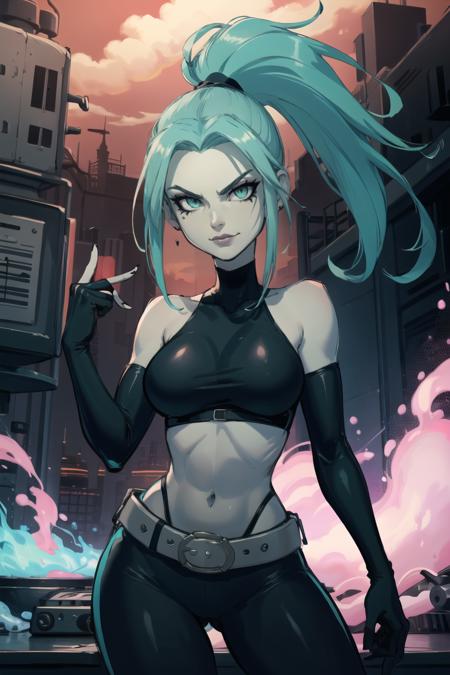  Ember_McLain_Danny_Phantom, pony tail, aqua hair, smug, goth, big belt,