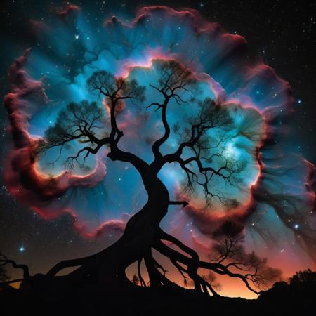 mad-nbla, tree shaped nebula, ultra realistic, complementing tones