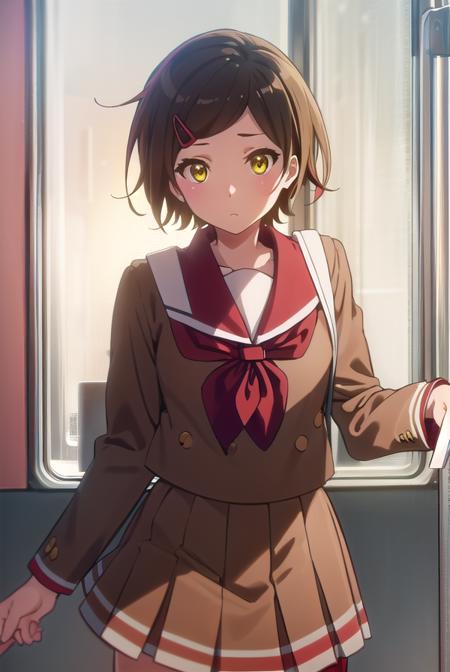 hazukikatou, <lora:hazuki katou s2-lora-nochekaiser:1>,
hazuki katou, short hair, brown hair, hair ornament, (yellow eyes:1.3), hairclip,
BREAK skirt, shirt, long sleeves, school uniform, pleated skirt, serafuku, neckerchief, (brown skirt:1.2), white sailor collar, (brown shirt:1.2), kitauji high school uniform, (red neckerchief:1.5),
BREAK indoors, classroom,
BREAK looking at viewer, (cowboy shot:1.5),
BREAK <lyco:GoodHands-beta2:1>, (masterpiece:1.2), best quality, high resolution, unity 8k wallpaper, (illustration:0.8), (beautiful detailed eyes:1.6), extremely detailed face, perfect lighting, extremely detailed CG, (perfect hands, perfect anatomy),