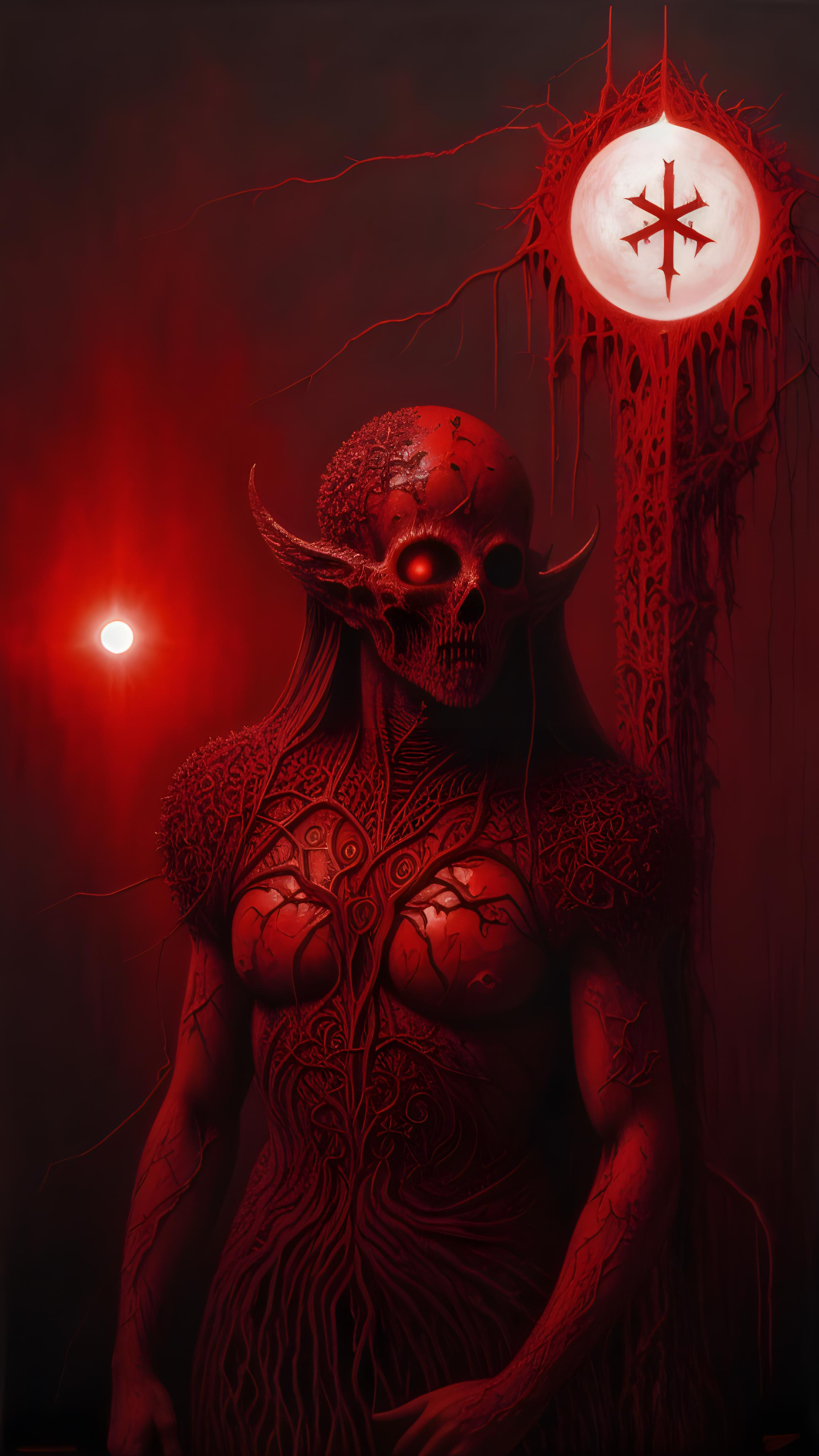 A red and black painting of a demonic character with a sun in the background.