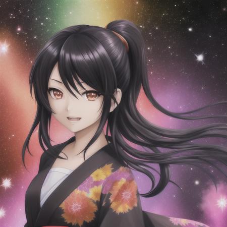 art by yaguru magiku, A teenage girl wearing a black yukata, angry smile, in the style of Kyoto Animation in the 2010s, official art, ((((black hair)), eyes of Haruhi Suzumiya, face of Haruhi Suzumiya)), beautiful symmetric face, ponytail, in the universe with stars and galaxies, psychedelic art, rainbows, transcendence, alone, solo, 8k, posing of Haruhi Suzumiya