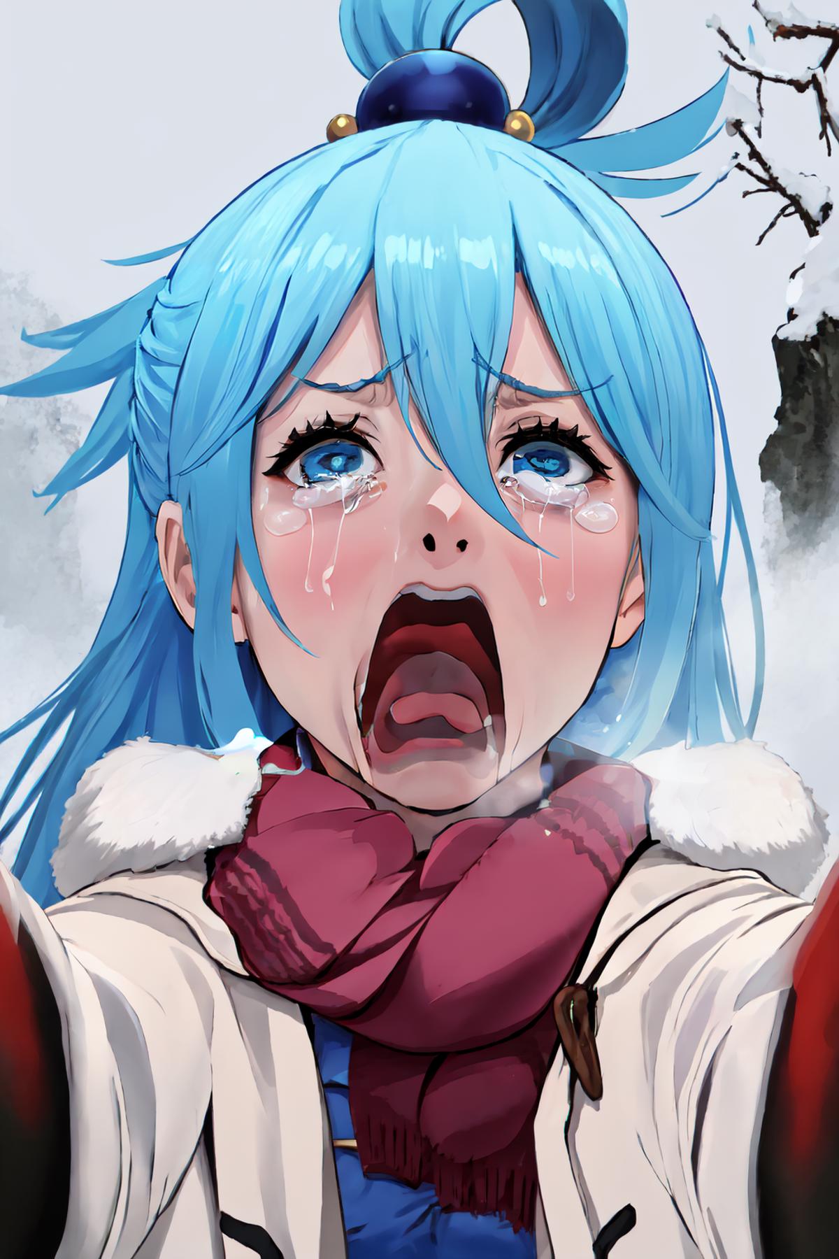 A blue-haired woman with tear-filled eyes in a white coat is screaming.