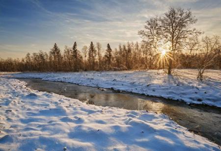 a small (calm) stream running through a snow-covered field, an Orthodox church, a painting by Ivan Shishkin, flickr, beautiful Russian nature, on flickr in 2003, with trees and rivers ((illuminated by the bright sun)), warm spring, cold winter color temperature, warm glow, photorealistically beautiful, high detail, 
super detailed, high resolution, award-winning photo taken on Nikon D750, colorful, large depth of field <lora:landscapeRealistic_v20WarmColor(1):1>