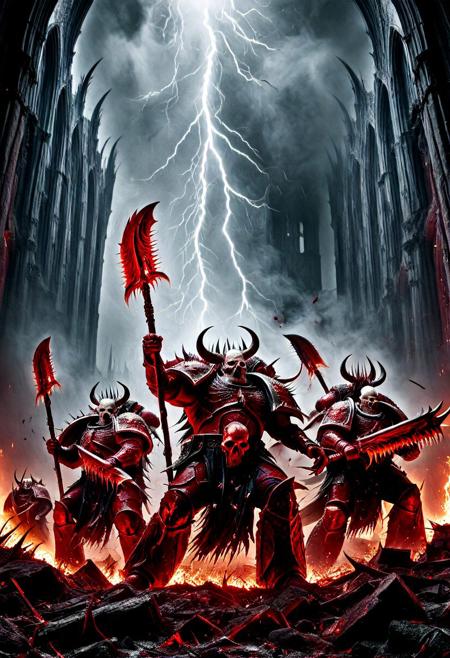 A squad of Chaos Space Marines from the Blood Legion of Khorne, drawn from the World Eaters Traitor Legion, charging together in a brutal battlefield scene. Each marine wears jagged, blood-red power armor forged from bloodsteel, with glowing brass trim and Chaos symbols etched into the plating. Their helmets are horned or skull-faced, some holding chainaxes dripping with gore, others carrying daemon-infused bolters or massive hellblades. Spikes, skull trophies, and runic etchings cover their armor. Ebony and Gold Accents on their Armor, Bone White Horns or spikes.  The warriors are posed in aggressive stances, surrounded by fire, smoke, and the ruins of a shattered cathedral. Lightning flashes in the sky, casting dramatic shadows across their brutalist forms. Behind them, a towering Bloodletter daemon howls in fury. Cinematic group composition, ultra-realistic textures, 8K concept art, grimdark atmosphere, “Blood for the Blood God!”