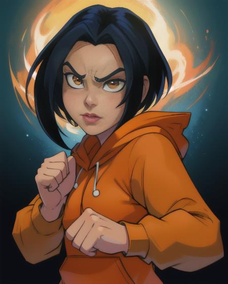 Jade, short black hair, brown eyes,  fighting stance,  smug expression,  upper body,  closed fists,  solo, 
JaOran, orange hoodie, short sleeved hoodie, white long sleeves, hood down, sneakers , blue pants, 
cartoon Hong Kong,  morning, 
(insanely detailed, beautiful detailed face, masterpiece, best quality) cinematic lighting,
 <lora:Jade:0.7>