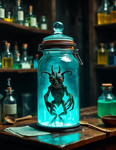A high-resolution photograph featuring a surreal, horrific anthropomorphic creature inside a large, glass jar with a metal lid and wire lock, the jar is placed on a wooden table in a dimly lit,dark laboratory of a human mad scientist from 1955,  orderly but full shelves line the walls with inscrutable tools and jars and test tubes filled with odd colored fluids and small alien objects. Jar of monsters in the foreground and lab space in the background. lum1 g0thicl1nes