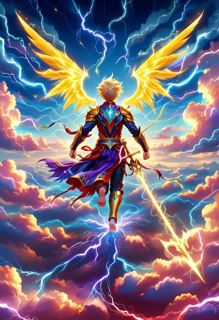 wings, solo, weapon, holding, holding weapon, flying, cloud, barefoot, spread wings, 1boy, armlet, feathered wings, sky, polearm, fire, cloudy sky, lightning, holding polearm, male focus, blonde hair, spear, short hair, bracer, 1girl, armor, jewelry, 
minimalist flat illustration, serene and surreal scene, 
Wide range of colors, Dramatic, Dynamic, Cinematic, 
Hand drawn flat art illustration, Flat Colour Anime, anime artwork, 
adventure, fantasy, manga-anime, whimsy, 
concept-art, (aerial shot, aesthetic, dreamy, vibrant, vivid), 
textural, artistic, anime style, key-visual, studio anime, beautiful, painterly, 
highly detailed, ultra-detailed, intricate details, absurdres, 
aid291, midjourneyv6.1, made of golden and blue and red and yellow and purple lightning thunder trails, lthndrtrl