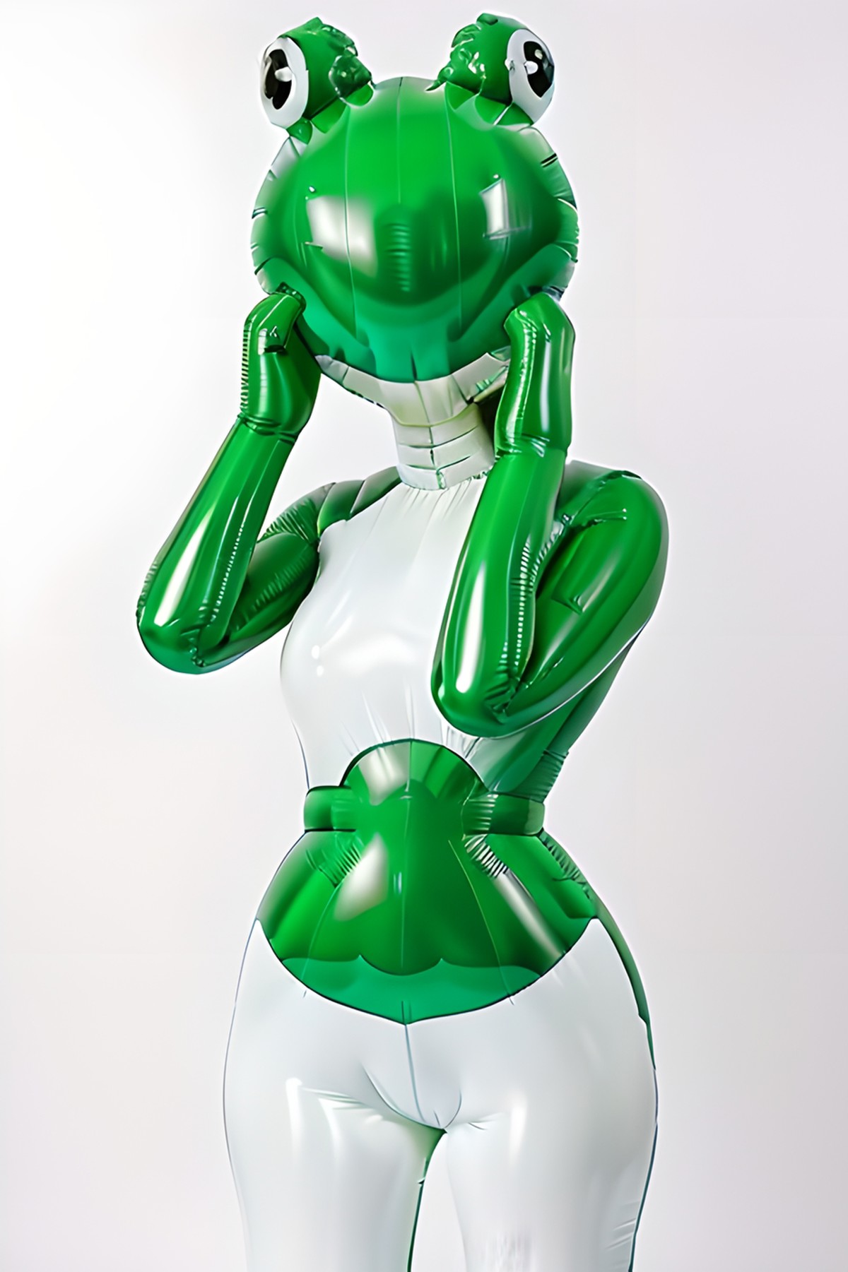 woman in giant (inflatable:1.7) (latex:1.1) frog costume, light green and white outfit, giant latex frog mask, shiny rubbe...