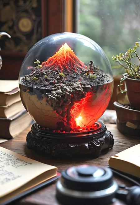 On a cluttered desk, jostled by stray pens and forgotten coffee mugs, sits the Elemental Globe. Unlike its snow-filled cousins, this globe holds a swirling tempest within its smooth, obsidian-like surface. Continents of brown sand rise from shimmering blue oceans, sculpted by wispy silver tendrils of wind that crackle with miniature lightning. A tiny volcano erupts deep within, spewing red lava that hardens as the wind conducts its chaotic symphony of earth, fire, water, and air. A mesmerizing reminder of nature's untamed power, nestled amongst the clutter.