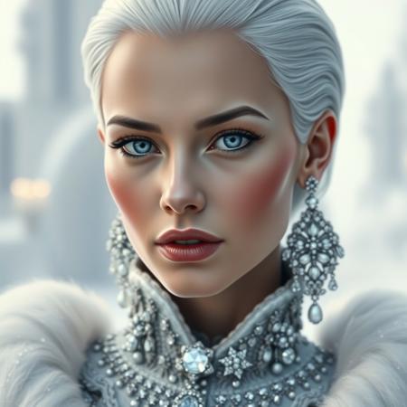 A hyper-realistic portrait of a majestic, futuristic snow queen with an aristocratic and regal look. She has short, slicked-back, pure white hair with subtle silver highlights, and sharply defined, elegant facial features. Her skin is extremely realistic with natural skin texture, slight pores, and lifelike subtle shadows, flawless but still true-to-life. Her lips are richly painted in a soft rose shade, with a lip liner that slightly overlines the upper lip in a very natural human style, as if carefully applied by hand. She has dramatic, artistic silver-white eye makeup with bold lashes, and icy blue eyes with a piercing gaze. She is dressed in a luxurious, high-collar, baroque-inspired gown redesigned with a modern twist, decorated with large, real-looking diamonds and shimmering gemstone embroidery, incorporating metallic threads and intricate patterns. Large, intricate silver earrings with pearl and diamond details complement the look. The background is a cold, frosty environment with a hint of a blurred icy palace behind her. Dramatic cinematic lighting, photorealistic details, futuristic aristocracy aesthetic, close-up in profile view.