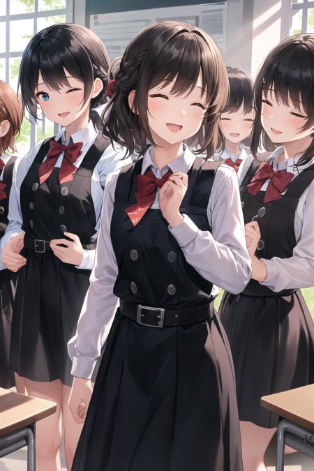 NSFW,6+girls,group shot,group picture,in classroom,chair,desk,((BPD,black pinafore dress,long skirt:1.2),red bowtie,belt:1.2),lips,super happy smiling, open mouth, closed eyes,french_braid ,hair scrunchie, hair_ornament,various color hair,(perfect lighting,side lighting,light leak,nice hands, perfect hand,perfect anatomy),(best quality), (masterpiece), detailed,absurdres, (illustration),an extremely delicate and beautiful,game_cg,  <lora:GoodHands-vanilla:1.2> <lora:BPD2_0.5_WEAR:1>