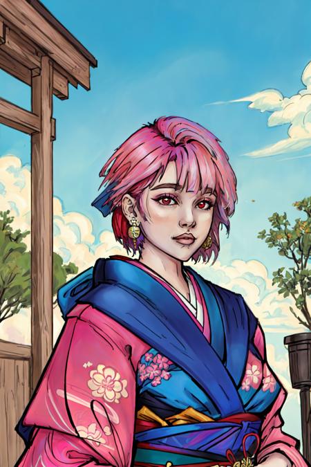 Duskfallcrew Art Style, masterpiece, official art, best quality, solo, short hair, red eyes, 1girl, jewelry, upper body, voluptuous, bbw, sexy, pink hair, earrings, japanese clothes, kimono, portrait, outdoors, <lora:DuskArt_V7-10:.8>