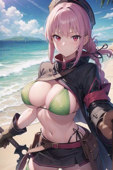 florencenightingale, <lora:florencenightingale-lora-nochekaiser:1>,
florence nightingale, pink hair, long hair, (red eyes:1.5), hair braid, sidelocks, folded ponytail, single braid, braid, braided ponytail,
BREAK belt, bikini, black footwear, black headwear, boots, garrison cap, gloves, green bikini, green gloves, green thighhighs, hat, layered bikini, microskirt, official alternate costume, purple belt, purple bikini, revealing clothes, short sleeves, skirt, swimsuit, thigh boots, thighhighs,
BREAK looking at viewer,
BREAK outdoors, beach,
BREAK <lyco:GoodHands-beta2:1>, (masterpiece:1.2), best quality, high resolution, unity 8k wallpaper, (illustration:0.8), (beautiful detailed eyes:1.6), extremely detailed face, perfect lighting, extremely detailed CG, (perfect hands, perfect anatomy),