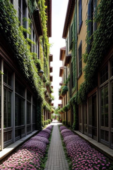 City Covered in Vines and Flowers: Colorful blooms, sweet scents, and a world where nature took over.