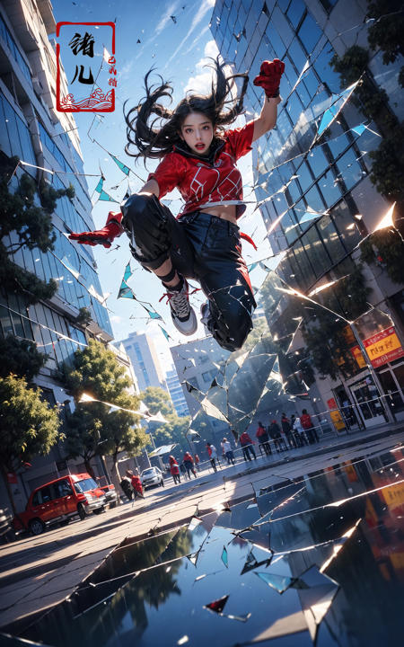 jumpingmidair, (1girl, solo:1.2), open mouth, outdoors, building, (broken glass:1.5), shoes, (red gloves:1.3),
Glow, reflective glass, light pollution
<lora:~Q?-gV jumping:0.8>