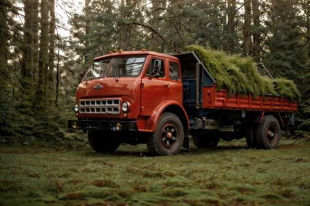 photo RAW,( <lora:maz500:0.75>, a Crimson truck parking on A forest scene with a carpet of moss and a scattering of toadstools,Realistic, realism, hd, 35mm photograph, 8k), masterpiece, award winning photography, natural light, perfect composition, high detail, hyper realistic, dusty atmospheric haze, high quality textures of materials, volumetric textures, coating textures, metal textures