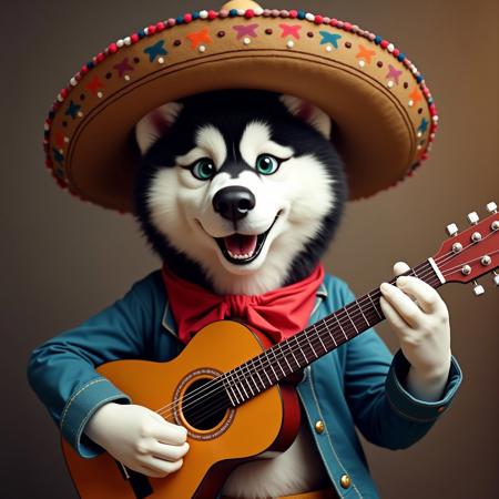 a husky wearing a sombrero is playing guitar