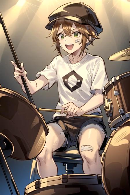 <lora:Tressa:0.8>, Tressa, t-shirt, shorts, holding drum sticks, drum set, backwards hat, playing drums, bandaid on face, happy, masterpiece, best quality,