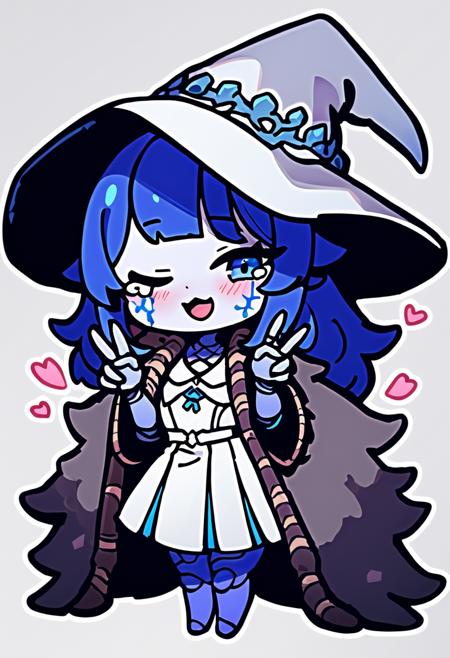 1girl,ranni the witch,white witch hat,blue ring,white dress,grey fur cloak,blue hair,blue eyes,one eye closed,blue skin,cracked skin,doll joints,extra arms,extra faces