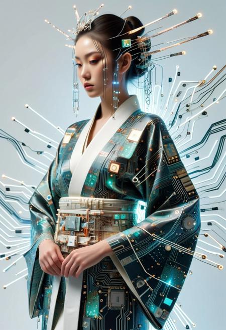 wm_cyber, striking portrait, traditional-futuristic fusion, japanese model wearing circuitry kimono, geometric PCB patterns across ornate fabric, radiant LED obi pulsing with energy, robotic hairpins projecting delicate crane holograms, techno-organic aesthetic, cybernetic embellishments, iridescent highlights, clean white studio lighting, dramatic shadows, macro details of circuit pathways, high fashion photography style, glossy magazine quality, perfect composition, ultra-detailed