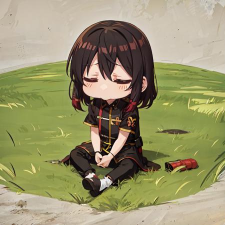 renchon mouth, solo, closed eyes, sitting, on grass,  (chibi:1.3) <lora:renchon_mouth-v3:1>