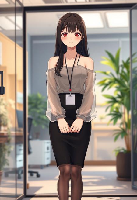 Anime-style shy and beautiful young female secretary standing in a modern office during the day. She has long, smooth black hair and gentle eyes, looking slightly down with a shy smile. She wears an elegant off-shoulder summer transparent thin blouse without straps, with long flowing sleeves, slightly sheer and soft, tucked into a  black pencil transparent very mini skirt that ends just above the knees. She also wears thin, transparent black stockings and modest black heels. A small ID badge hangs subtly at her waist, adding to her reserved posture. Her cheeks are slightly flushed, giving a blushing expression as she stands near the office entrance, uncertain where to go. Background includes bright natural lighting, indoor plants, office desks, and soft shadows. The overall tone is warm and welcoming, with a soft-focus anime style and subtle bokeh effect in the background. Full-body composition, delicate lighting, cinematic mood.
