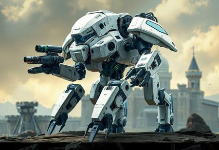 Analyze the image of the Barbaroid, the Ultimate Battle Machine, against the Meklord Fortress background. Identify its dominant color scheme (predominantly white with blue/green accents), mechanical features (camera head, gun-armed arms, engine at the back), and artistic style (4K resolution, Octane Render, Raphael/Houdini influence). Highlight the balance between its Max Metalmorph classification and collectible detail. Note the background's role in emphasizing the Barbaroid's isolation and the use of techniques like isometric perspective, dynamic lighting, and splash ink illustration. Ensure clarity, avoid repetition of "Barbaroid, the Ultimate Battle Machine," and structure your response with bullet points for key observations, technical specifications, and thematic significance. Keep the analysis focused on visual and stylistic elements, adhering to a medium-length output