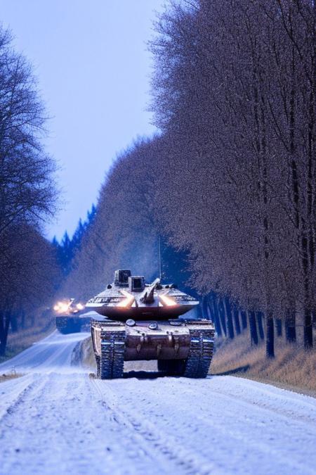 tank, 1tank. (winter background), snow, full view, red lights., city street. close view, side view