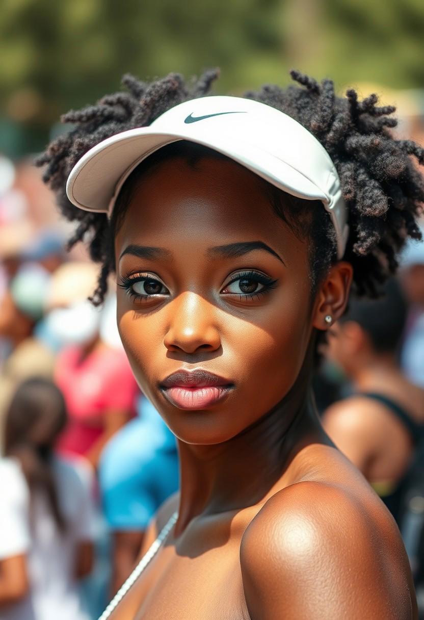 A young, cute adorable sexy African American woman with a playful aura, expressive large eyes, eyeliner, and natural makeup. She has a cute twin afro black hair. She is wearing stylish sports visor, which add subtle playfulness fo her look. Photo is taken outdoors, with midday sunlight. background is a blurred, very crowded zoo, creating a beautiful bokeh effect. Camera, Sony A7R IV 85mm f/1.4 prime lens Aperture, f/1.4 to achieve a shallow depth of field, ensuring the background is beautifully blurred while keeping the subject's facial features in sharp focus Shutter Speed, 1/300 seconds to freeze any slight movements and maintain sharpness ISO 300, to keep noise to a minimum Focus on eyes to ensure they are the sharpest part of image White Balance Set to 'sunlight' to maintain the vibrant day light. Close-up shot, framing face and bare shoulders. Position the subject slightly off-center using rule of thirds to create a more dynamic composition. Eye-level angle to create a connection between subject and viewer Enhance bright vibrant tones and slightly boost the saturation of background to make the colors pop. Apply selective sharpening to eyes and lips to draw attention to these features, extremely detailed skin texture with skin imperfections and vellus hairs