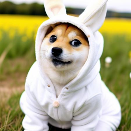 <lora:mntydge:.8> small cute doge wearing a white bunny costume white hoodie in a lush field