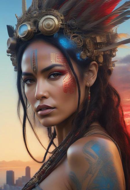 Steampunk tahitian Woman 40 years old with fine hightech skin details, detailed face, sf, intricate artwork masterpiece, blue and red pastel ratio, background is apocalyptic city on golden hour, ominous, matte painting movie poster, by Carne Griffiths