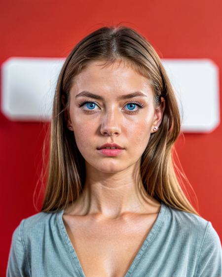 1 young woman, monolid eyes, Innocent appearance, expressionless face, close shot, ((standing before the red background)), (Catalogue photo shoot), masterpiece, best quality, ultra realistic, 8k,ultra close up, focus on eyes, light blue eyes, very long eyeslashes, white hair, look up, top view,