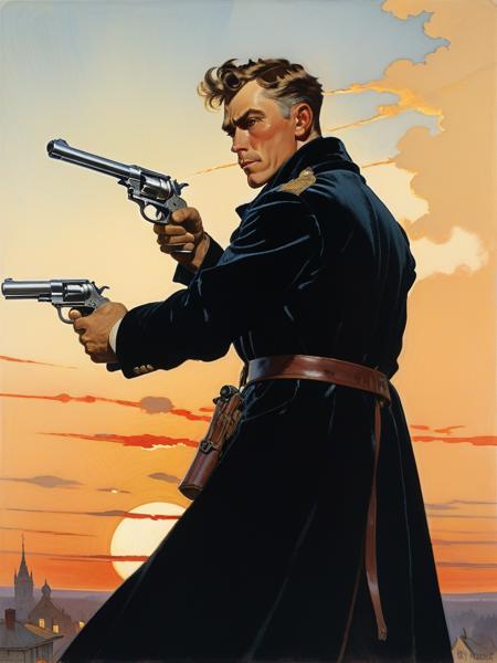<lora:04Vintageillustration_Hap_XL:3.3>,Norman Rockwell style Radical Aiming A Pistol , Wearing A Long Velvet Jacket , Sunset , Detailed Portrait , HD Anime , Valentin Serov , Viktor Vasnetsov , Frank Frazetta , Dean Cornwell