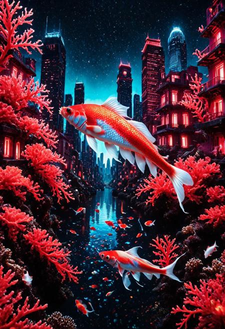 masterpiece, best quality, very aesthetic, absurdres,(score_9, score_8_up, score_7_up), createconcept, addmicrodetails, epic background, nightsky cityscape landscapes with colorful red corals buildings, a (fish) covered in red corals, glowing eyes, vivid eye color, (beautiful eyes:1.2), (gradient iris, crisp iris edges), confident pose, action dynamic pose, lazypos, underwater, under water,