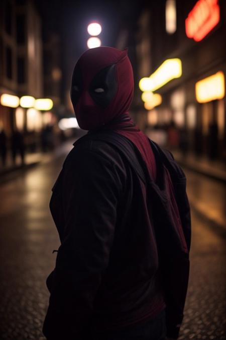 dramatic, high contrast, back lighting, Redhead, 19 year old woman , with glowing halo, wearing a Deadpool mask,
The haio light is shinning on her hair 
looking over her shoulder back at the ciewer
rain wet street with warm neon lights reflecting
night time