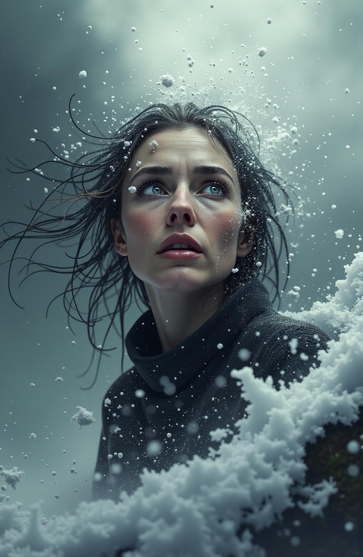 A striking image of a woman standing at the summit of a snow-covered mountain, her face and hair battered by a fierce snowstorm, capturing a sense of intense, dynamic realism. She stands with her arms outstretched and her eyes cast upwards, gazing into the swirling vortex of snow and cloud above. The image features a gradient background transitioning from a deep, foreboding grey to a blindingly bright white, with snowflakes swirling around her in a maddening dance.

Her face is a map of pain and anger, etched with deep lines and creases that speak to a life spent suffering. Her eyes are a deep, piercing blue, but they burn with a fierce inner fire, a fire that seems to consume her from the inside out. They are eyes that have seen the worst of humanity, eyes that have witnessed the depths of human cruelty and suffering.

Her eyebrows are furrowed, her brow creased in a mixture of pain and anger. Her lips are thin and pressed together, her jaw clenched in a fierce determination. Her skin is pale and drawn, with a subtle sheen of moisture that suggests she's been crying for a long time.

The snowflakes dance around her face, clinging to her eyelashes and eyebrows, but they seem to melt away in the face of her inner fire. Her hair is long and dark, blown back by the wind, with a few stray strands clinging to her forehead. But it's her eyes that are the true focal point of the image, eyes that seem to bore into the soul of the viewer.

The overall composition is one of intense energy and dynamism, as if the snowstorm is about to consume her whole. But it's not just the storm that's consuming her - it's her own inner turmoil, her own pain and anger. The artwork is inspired by the raw power of human emotion, giving it a haunting and awe-inspiring appearance, as if created using Affinity Photo.