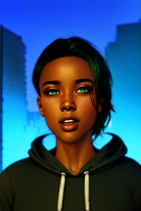 <lora:SecondLife:.7> Second Life, masterpiece, 1girl, solo, african american, dark skinned woman, tan skin, dark skin, green eyes, hair over one eye, black hair, closed mouth, wearing a blue hoodie,looking at viewer, city background,